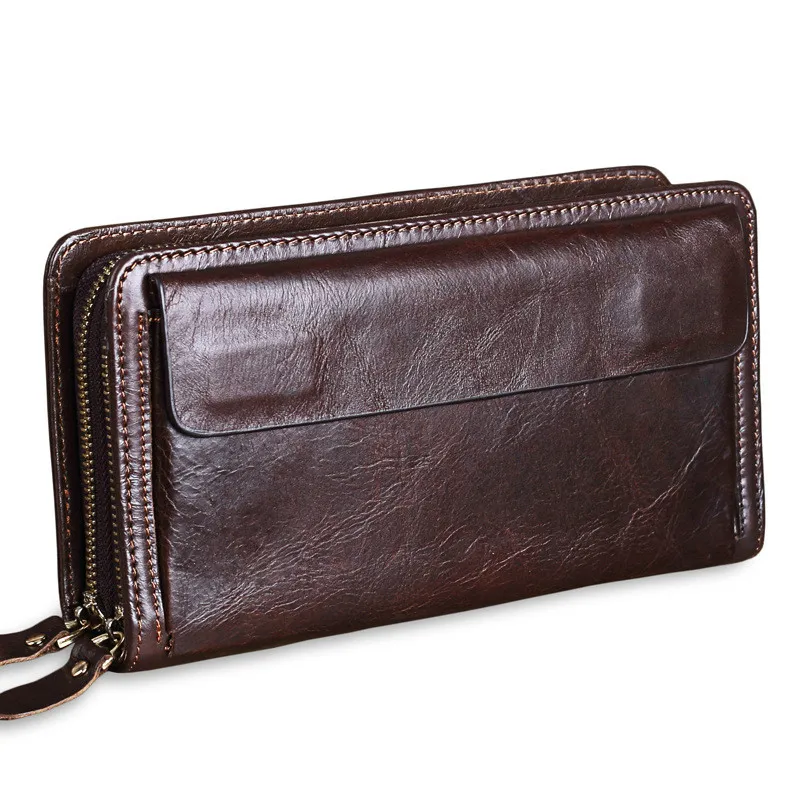 

Luxury Business men's large capacity double zipper long leather wallet men's wrist wallet multi-card credit card bag