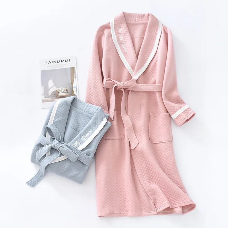 

Lovers Autumn Winter Long Knitted 100% Cotton Air Layer Quilted Nightdress Nightgown Men And Women Korean Embroidery Sleepwear