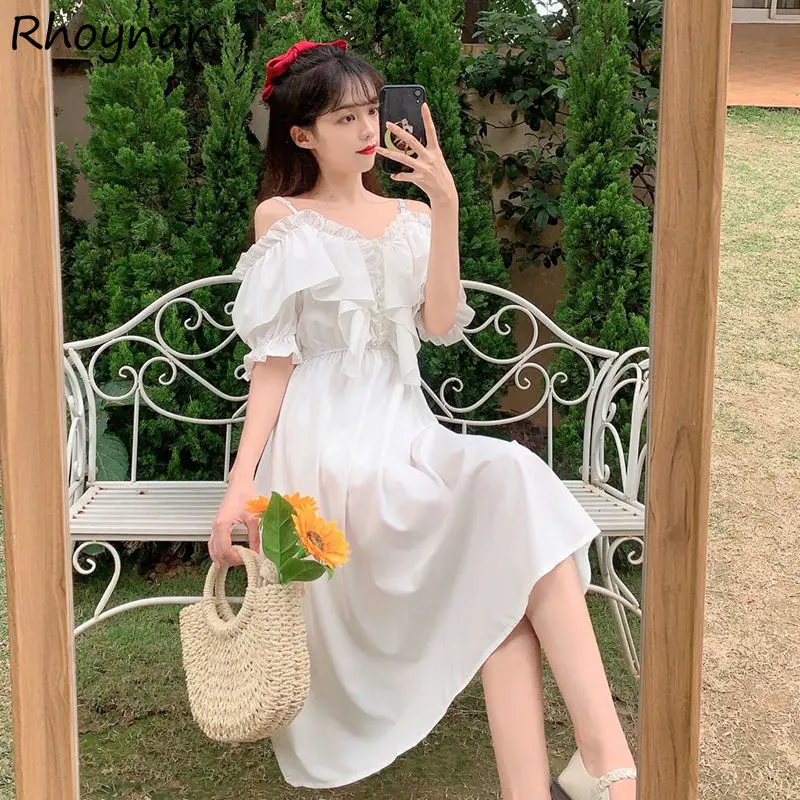 

Dress Women Puff Sleeve Tender 90's Students Ruffles Knee-length Sweet College Daily Cute All-match Summer A-line Causal Empire