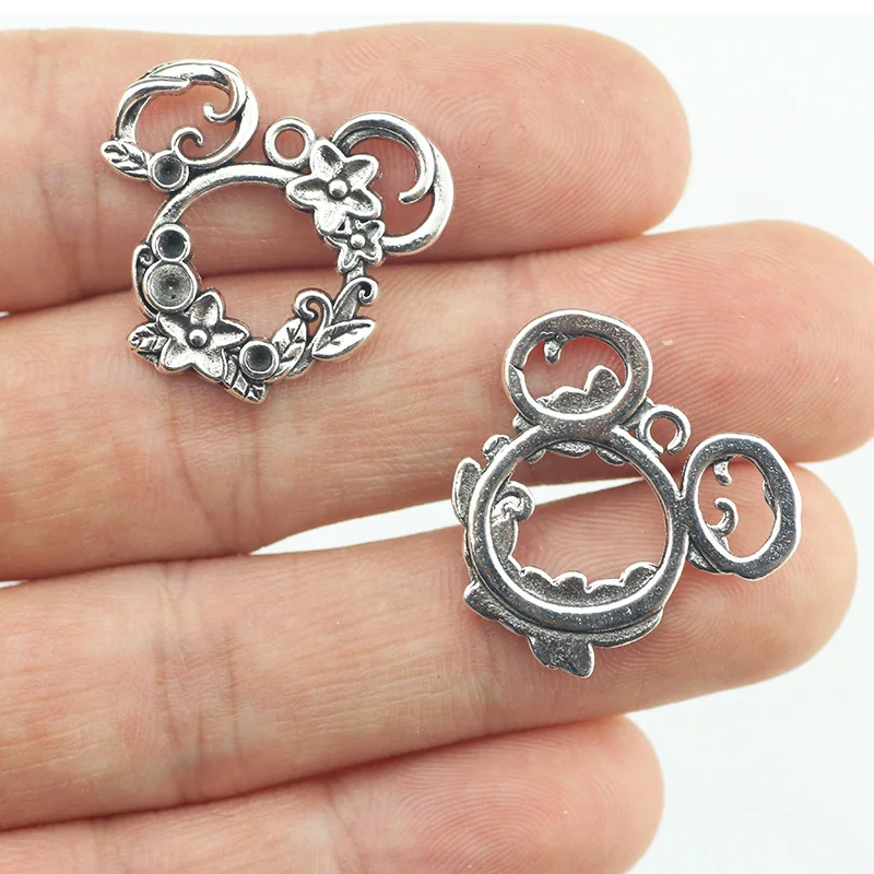 High Quality 10 Pieces/Lot 22mm*25mm Antique Silver Plated Hammer Flower Mouse Charms Bracelet Connector For Bracelet Making