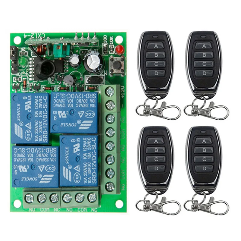 

DC12V 24V 4CH 4 CH Wireless RF Remote Control Light Switch 10A Relay Output Radio Receiver Module+Transmitter Garage Doors/lamp