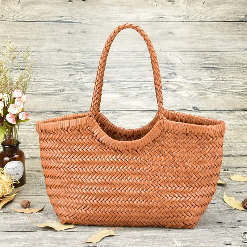 Large size Hand-woven 100% Genuine Leather Woven casual vegetable basket bag Woven Inside Bag Vintage Shopping Bag Tote Bag