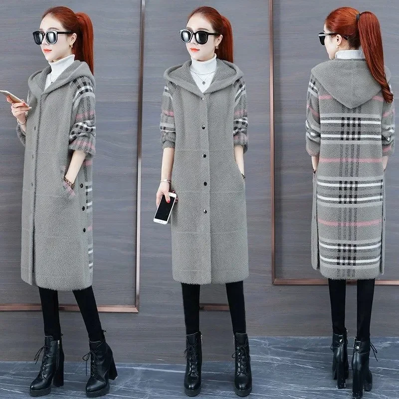 Lmitated Mink Velvet Coat Women Mid-length Thick Sweater Cardigan 2023 Autumn and Winter New Female Loose Plaid Cvercoat Outcoat