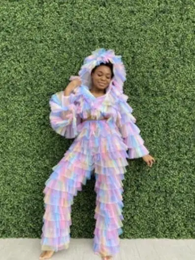 

Fashion 2020 Candy Rainbow Crop short Jacket For Women Outside With Hood Mini Ruffles Tiered Tulle Women Clothing Full Sleeves