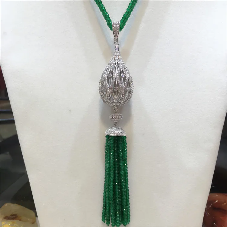 28" 2 Strands Green Agate Cz pave Pendant