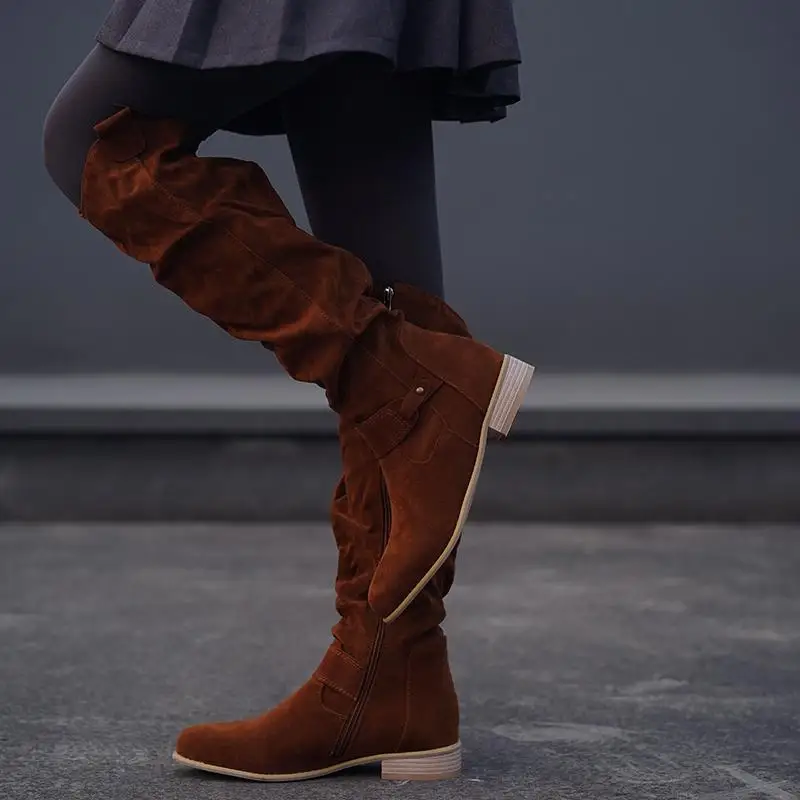 Women Knee High Boots Solid Color Suede Ladies Boot Autumn Warm Pointed Toe Sexy Zipper Low Heel Pumps Comfortable Female Shoes