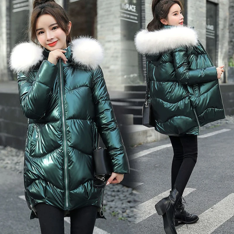 

Nice Pop Winter Shiny Down Cotton Jackets Female Parka Winter Jacket Women Coat Mid Long Overcoat Warm Hooded Thicken Fur Collar