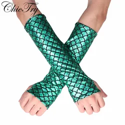 Women Female Mermaid Fish Scale Fingerless Csoplay Gloves Long Gloves Arm Sleeves Adult Halloween Fancy Party Costumes Accessory