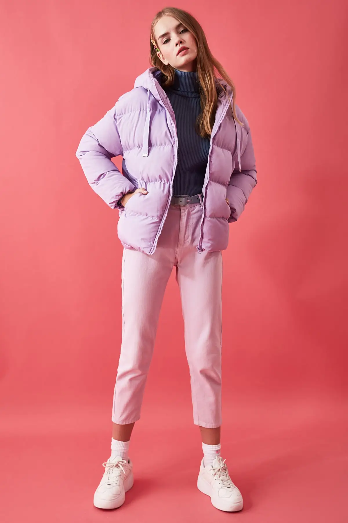 Women Lilac Hooded Inflatable Coat TWOAW21MO0022 Model Dimensions Length 1.77 Bust: 82, Waist: 59, Hip: 88