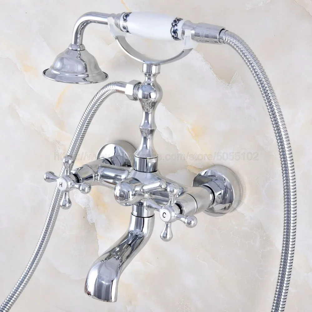 

Polished Chrome Bathtub Shower Faucets Set Hot & Cold Bath Shower Mixer Taps With Handheld Wall Mounted Dual Handle ztf855