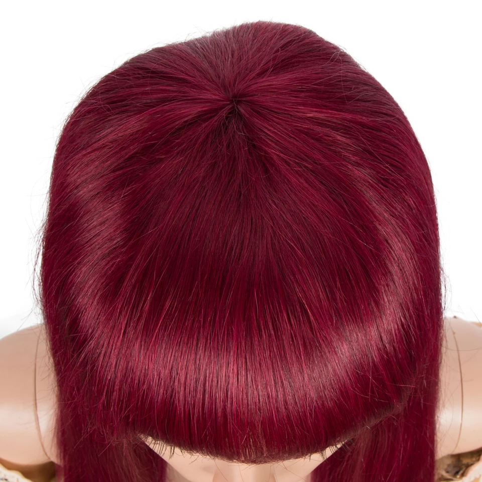 Perucas de cabelo humano remy forte, 28 com franja e cabelo liso vermelho, feminino, cabelo brasileiro natural