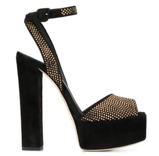 

Summer Black Sliver Rhinestone Platform Buckle Sandals Woman Hot Drill Peep Toe Chunky Heel Fashion Wedding Sandals Shoes Lady