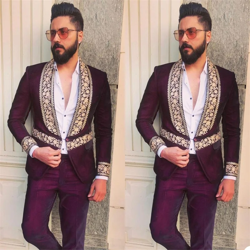 2 Pieces Lace Floral Men Suits Purple Coat+Pant Custom Made Handsome Wedding Suits Single Breasted Formal Luxury Party Wear