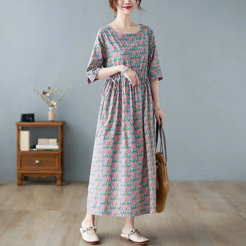 Mùa Xuân Và Thu 2022 Retro Hoa Vải Lanh Cotton Nửa Áo Đầm Tay Áo Dây Kéo Nữ Vestidos E303