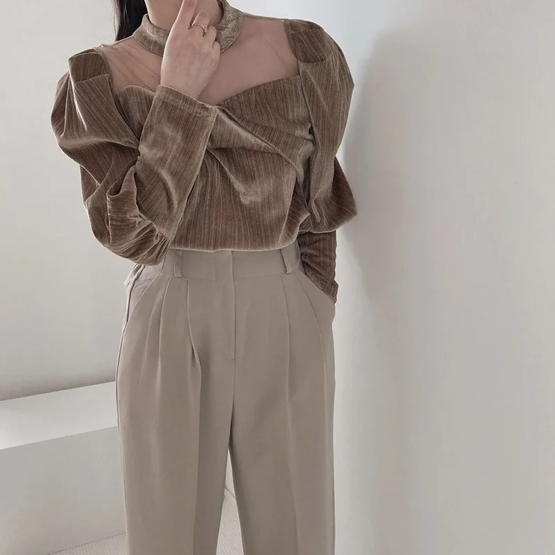 

Women's Elegant Shirts Solid Stand Collar Patchwork Mesh See-through Puff Sleeves Women Velour Shirt Autumn Spring 2021