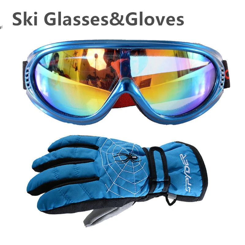 

Winter Warm Snowboarding Ski Gloves Kids Snow Mittens Waterproof Skiing Glasses Set snowboard glasses