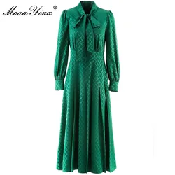 MoaaYina Fashion Designer dress Spring Women Dress Long Sleeve A Row Of Buttons Emerald Vintage Party Ankle-Length Dress