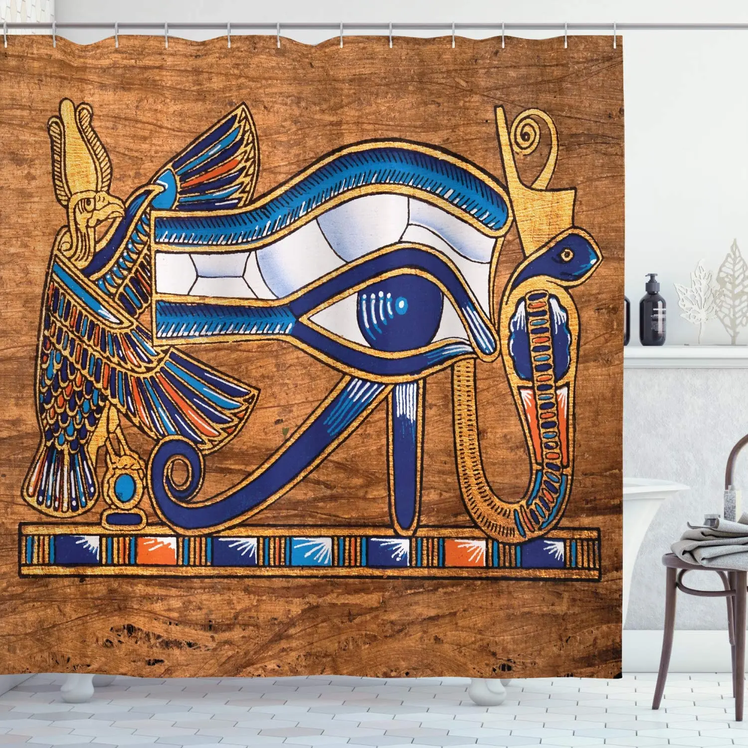 Long Navy Blue Orange and Brown Egyptian Shower Curtain by Ambesonne Egyptian Ancient Art Papyrus Depicting Eye Mosaic Style Des