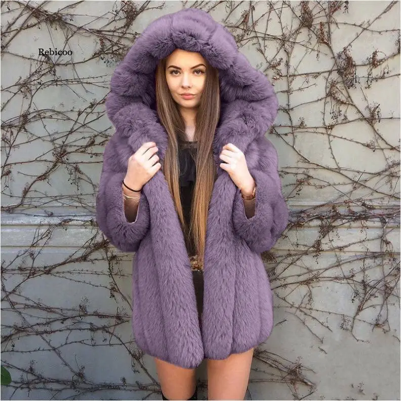 Fluffy Hooded Faux Fur Coat Women Winter Coats New Thick Warm Long Sleeve Fur Jacket Winter Women Fur Coats