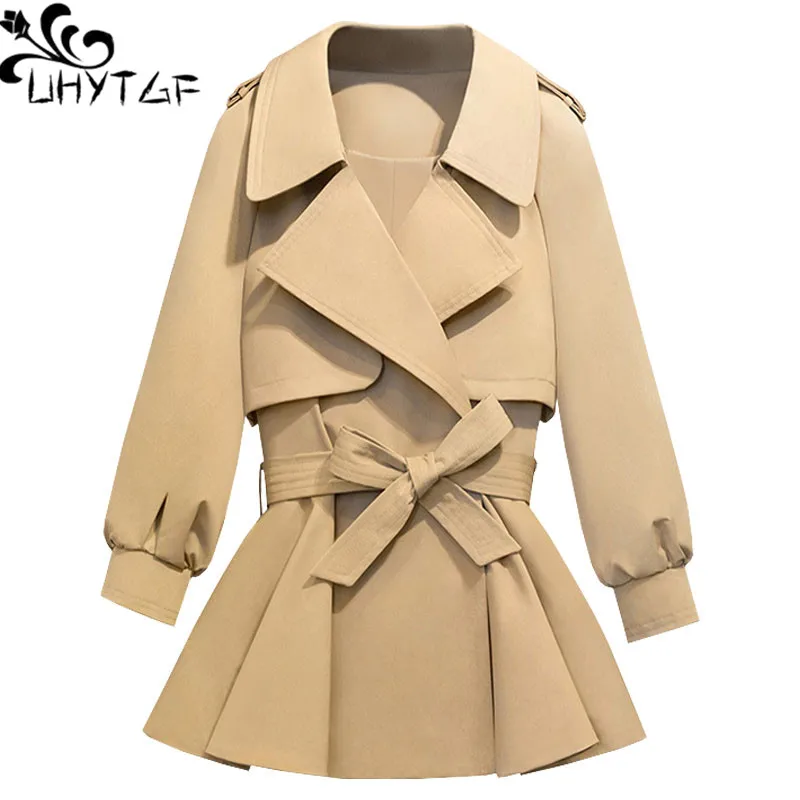 

UHYTGF New Female Short Coat Autumn Jacket Women Fashion Belt Lantern Sleeve Slim Ladies Windbreaker Outwears Manteau Femme773