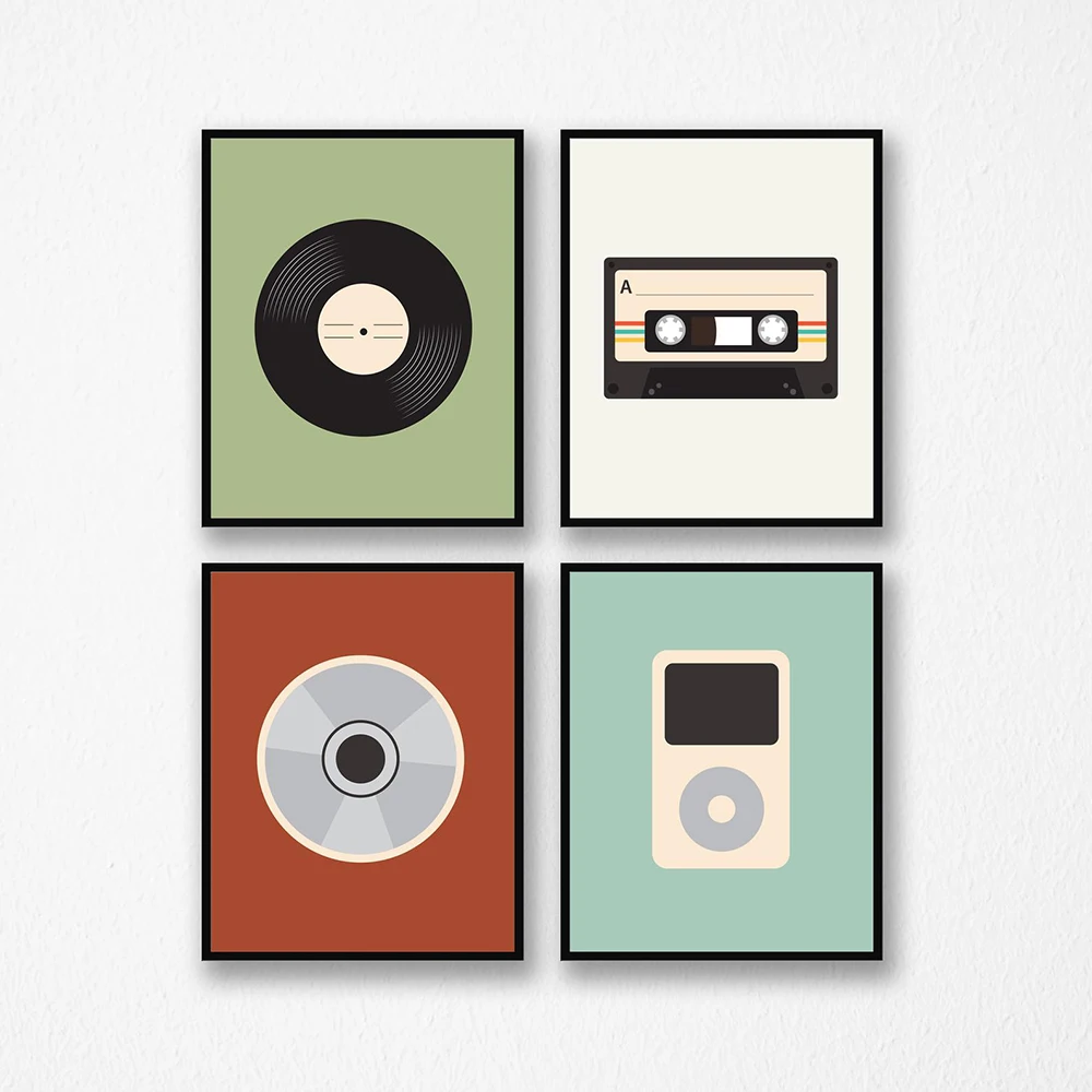 Retro Music Boys CD Poster Print Music Through The Ages Wall Art Picture Record Canvas Painting for Kids Room Home Decor No Fram