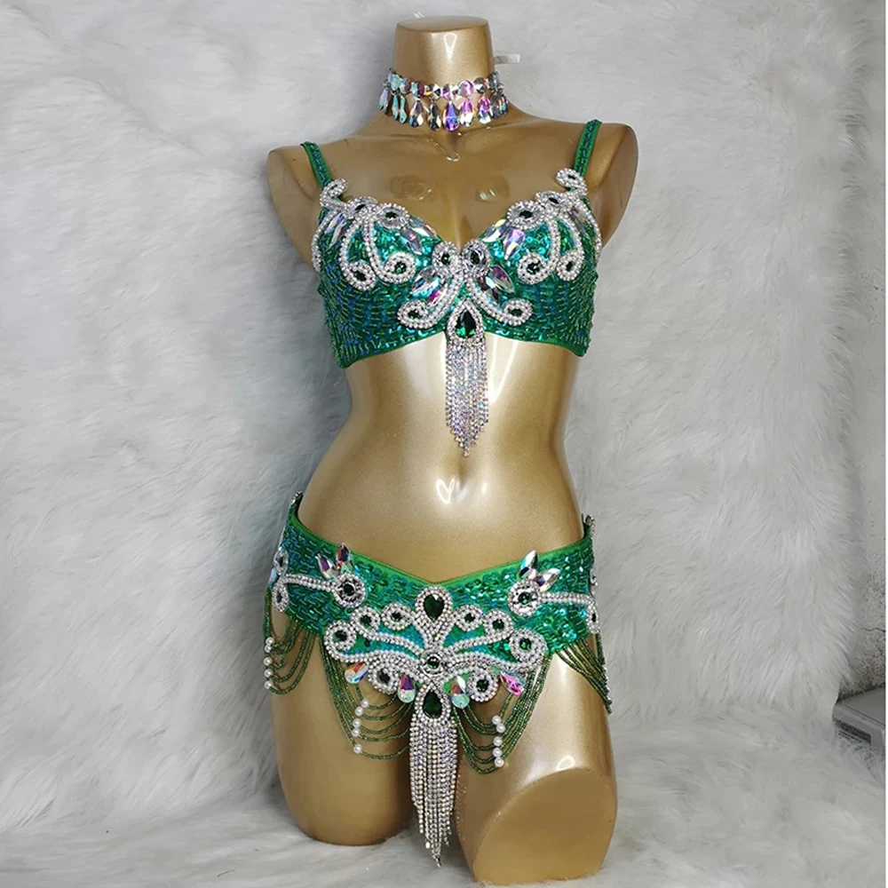 Crystal Belly Dance Samba Costume Wear women gogo bikini show Bar+Belt 2pc Set Carnival party costumes