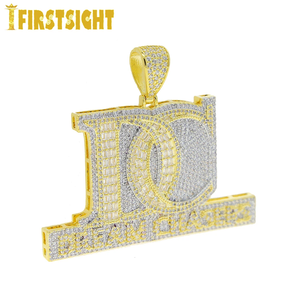 New Iced Out Bling Two Tone Color CZ Letter DC Pendant Necklace Cubic Zirconia Dream Chasers Charm Men Fashion Hip Hop Jewelry