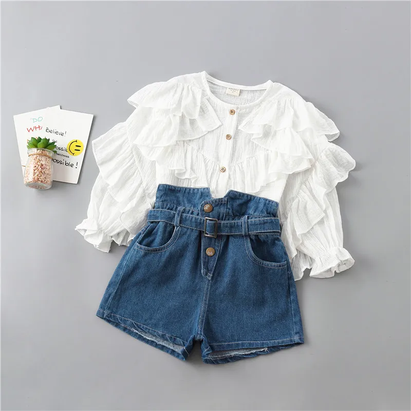 2-8 Years High Quality Girl Clothing Set New Spring Fashion Tiered Ruched Solid Shirt + Denim Pant Kid Children Clothing