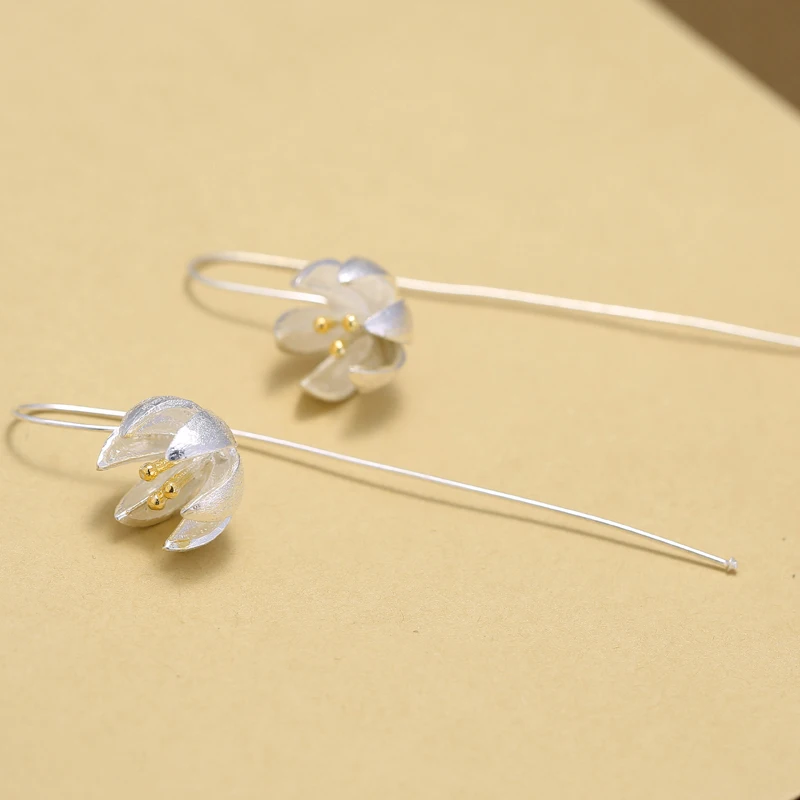 925 Sterling Silver Flower Earings Elegant Lotus long Drop Earring For Women Fashion Brincos Grandes Fine Jewelry pendientes