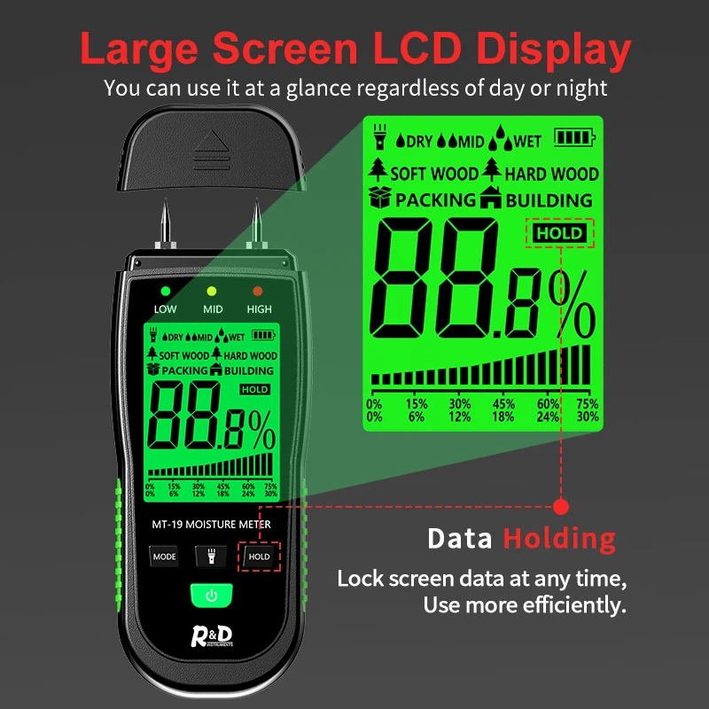 R&D MT-19 Wood Moisture Meter Carton Humidity tester Tree Hygrometer with Two Pins LCD backlight screen and flashlight