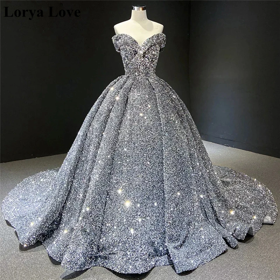 2013 Sweetheart Silvery Gray Long Ball Gown Sequined Evening Dresses Luxury Women Elegant Off Shoulder Prom Dress Robe De Soiree