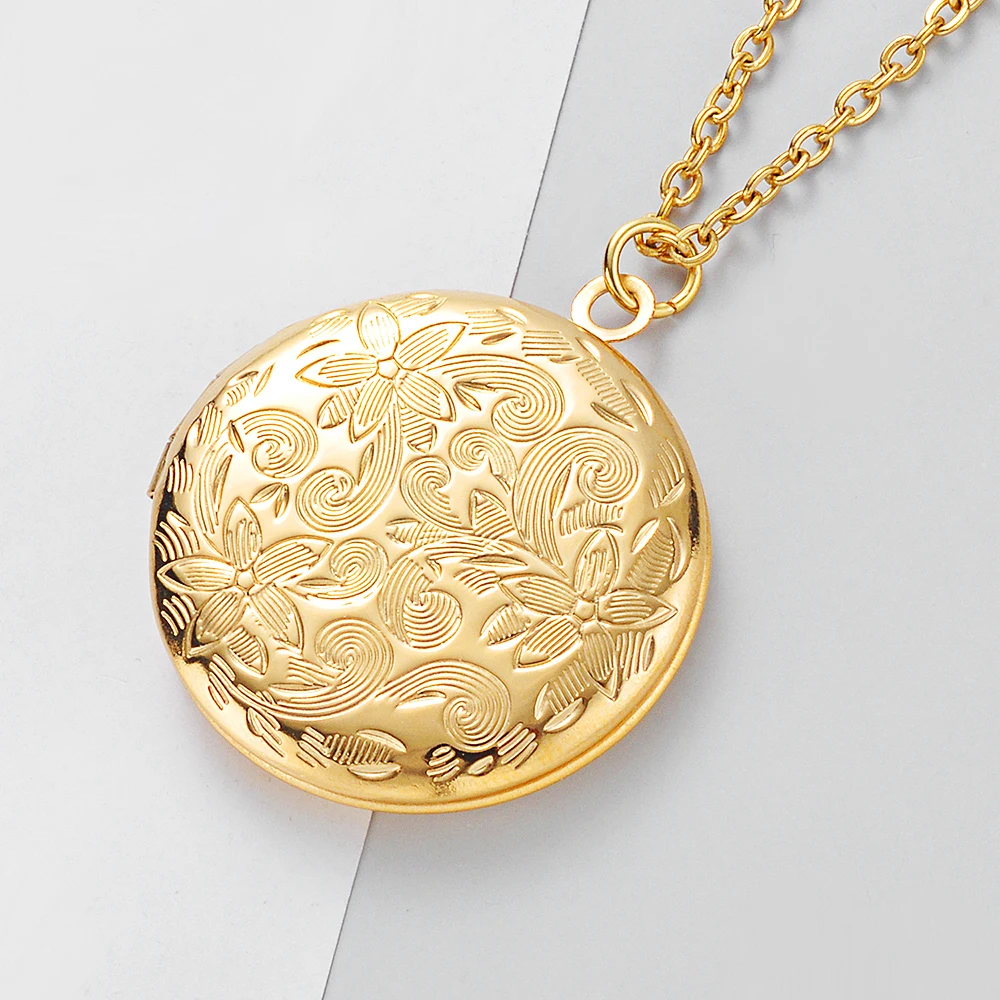 20Pcs/Lot Mirror Polish Stainless Steel Flower Pattern Round Photo Frame Pendant Necklace Memorial Locket Necklace Can Open