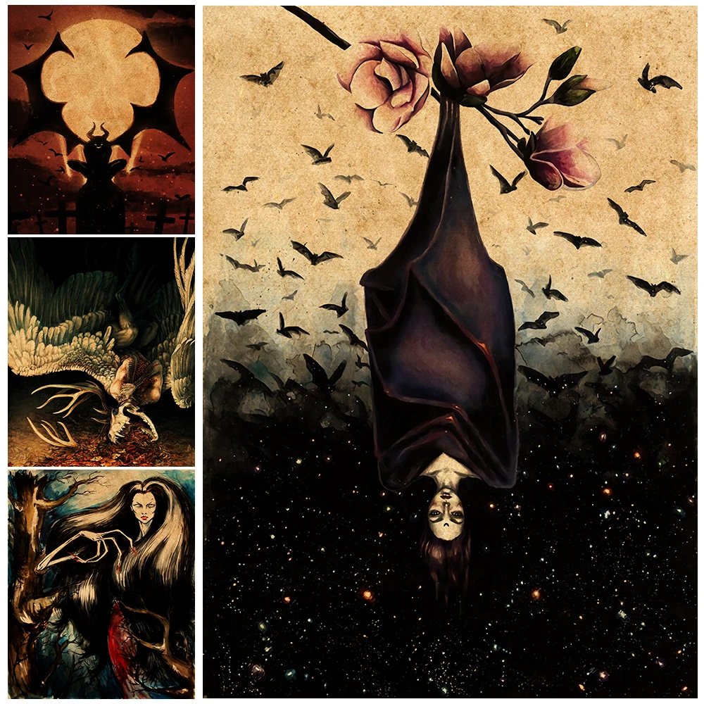 Bat Witch And Full Moon Demon Wall Art Canvas Painitng Decorative Magical Species Retro Poster And Prints For Living Room Decor