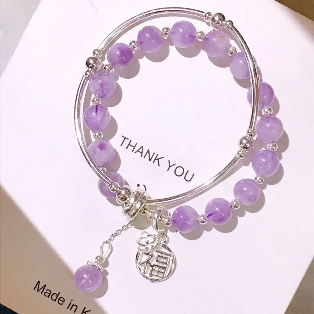 

100% Real 925 Sterling Silver Scalable Amethyst Strand Bracelets Lavender Color Delicate Carved Fu Pendant Exquisite Jewelry