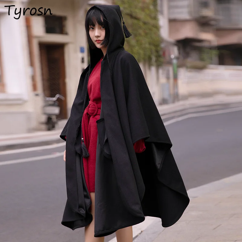 

Women Wool Blends Coat Black With Hat Irregular Dark Academia Aesthetic Tassel Design Capes Open Stitch Fashion Loose Vintage