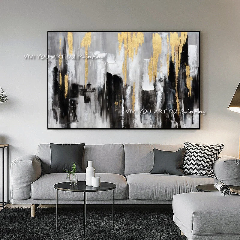 Hand-Painted Palette Knife Abstract Cityscape Oil Painting, Gold Leaf Black Grey Textured Square Canvas Wall Art