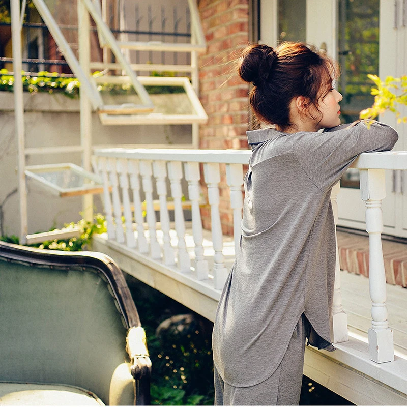 2PCS Pajama Sets Women Long Sleeve Solid Modal Loose Breathable Soft New Arrival setWomen Korean Style Home Clothing Comfortable