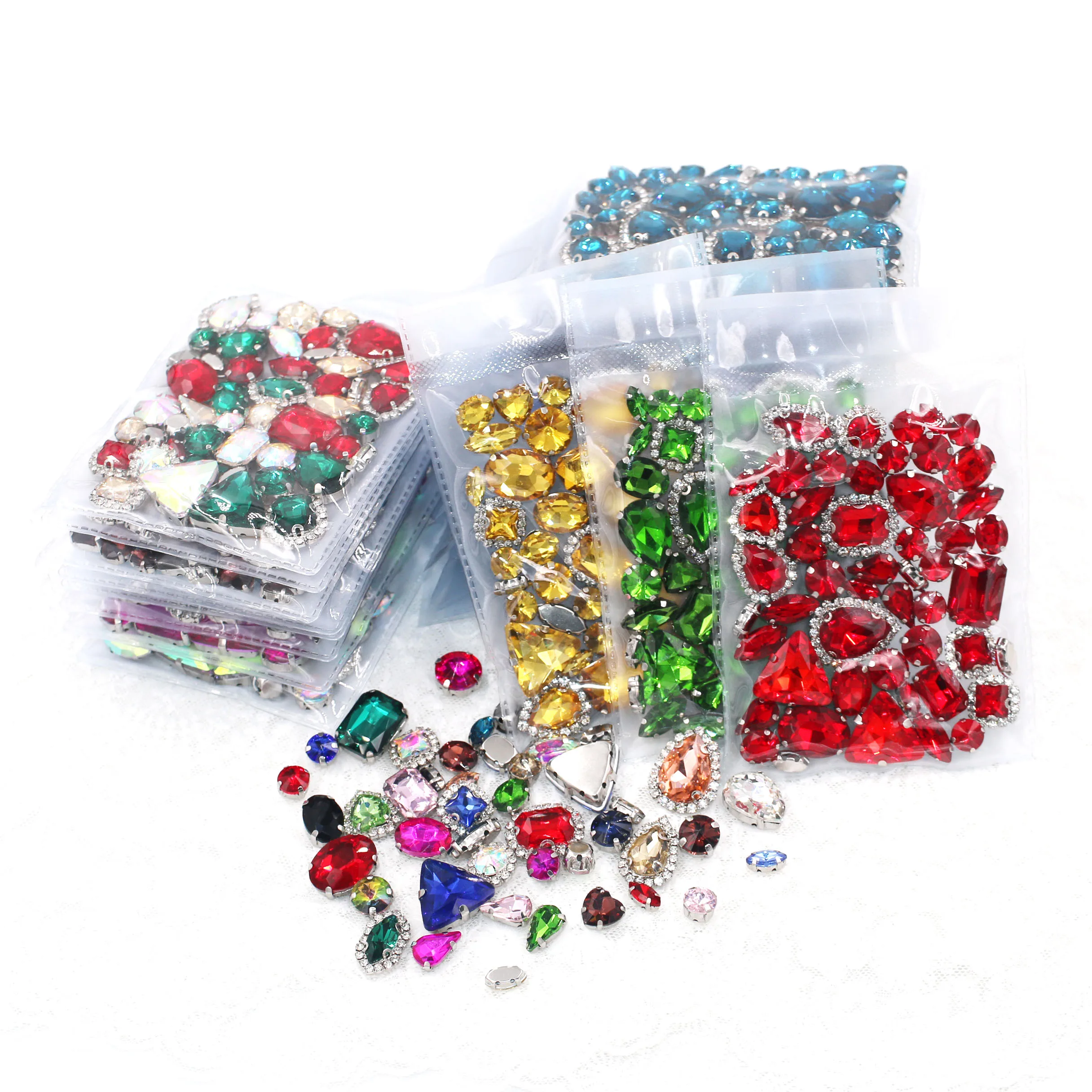 50pcs/Bag Mixed Shape Sew on Glass Rhinestone Silver Claw and Crystal Buckle Diy Wedding Decoration Clothes/Shoe/Dress