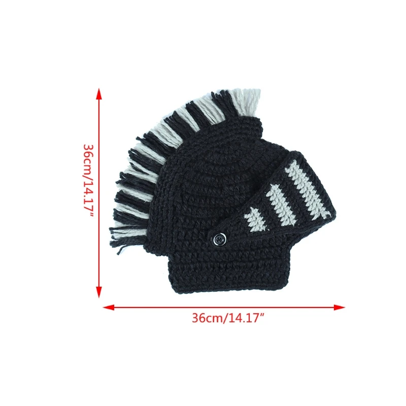 Unisex Funny Chunky Knit Roman Knight Helmet Hat Contrast Color Tassel Barbarian Earflap Beanie Skull Cap with Face Mask