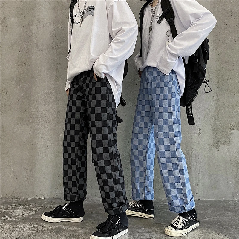 Chic Harajuku BF High Waist Pocket Wide Leg Plaid Denim Jeans Women England Checker Jeans Casual Europe Boyfriend Loose Trousers