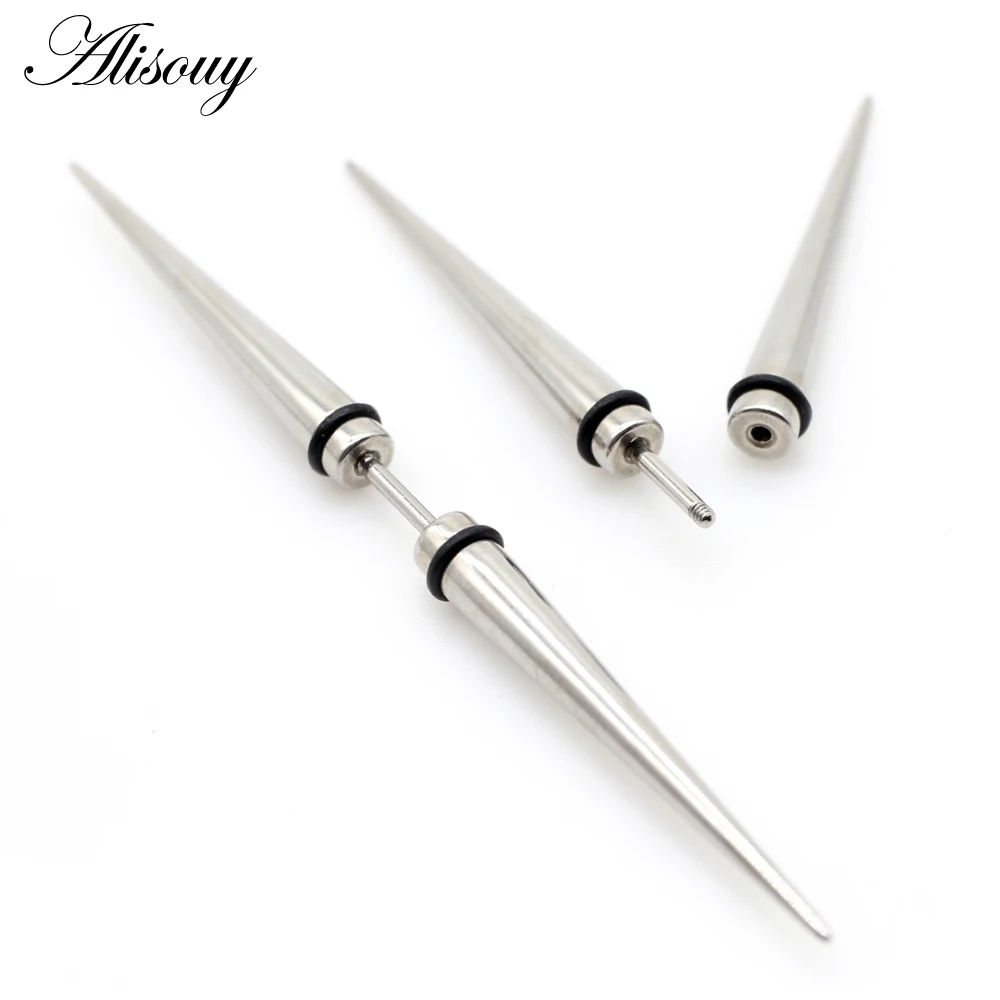 Alisouy 2pcs Unisex Gothic Punk Spike Cone Stainless Steel Dumbbell Barbell Ear Stud Earrings For Men Women Piercing Jewelry
