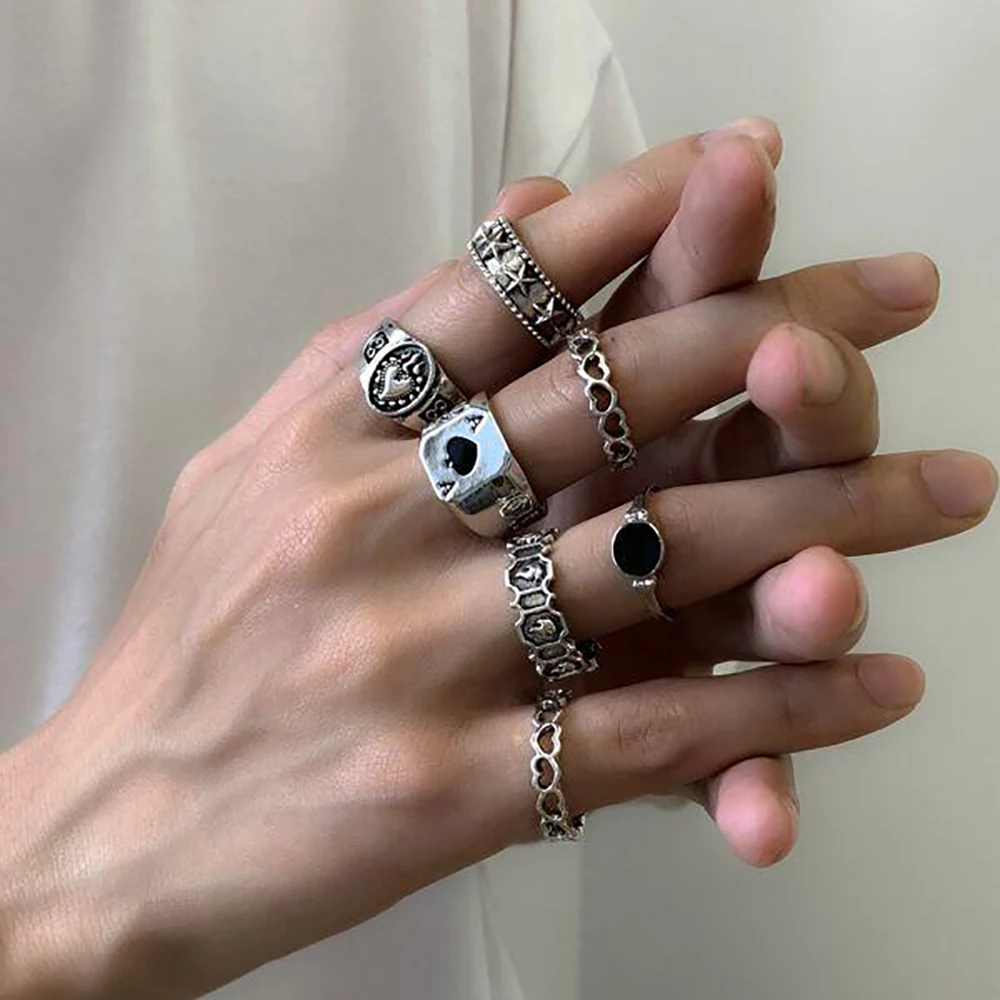 Punk Vintage Silver Color Poker Billiards Ring Set for Women Gothic Heart Anillos Hip Hop Y2k Korean Fashion Male Gift Jewelry