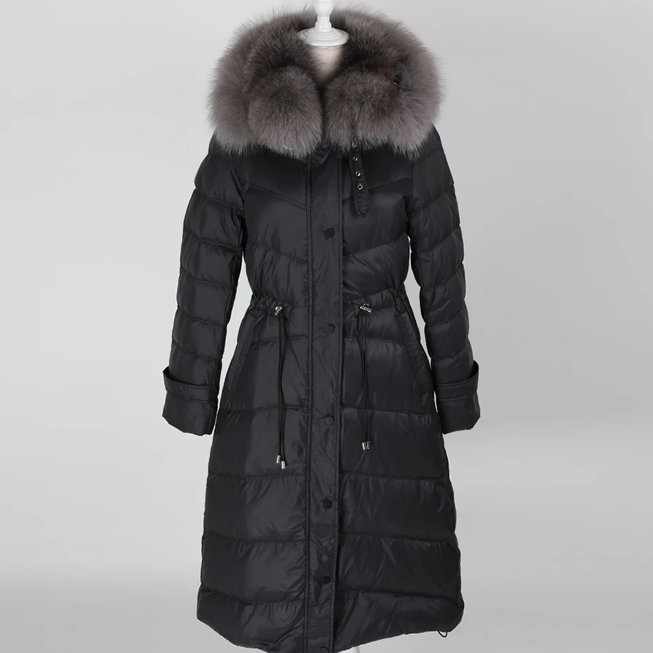 Maomoakong2019 冬コート天然キツネの毛皮の大きな毛皮の襟ホワイトダックダウンフード付きレザージャケット女性のダウンジャケットパークコート