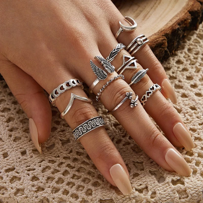 12 pz/set Vintage ala luna Knuckle anelli di barretta Set per le donne alla moda cuore lascia geometrica femminile anello gioielli Boho
