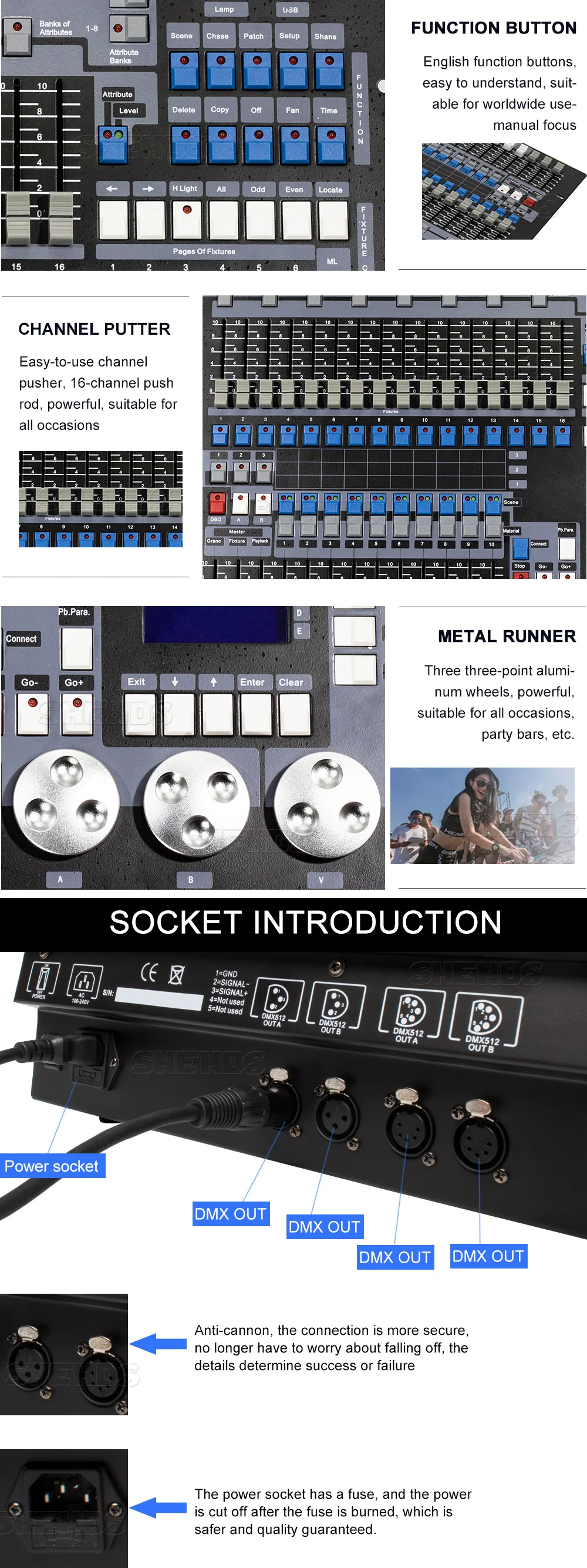 SHEHDS Flightcase 1024 DMX-Konsole für Par-Lichter, Moving-Head-Lichter, professionelle Ausrüstung für Party, DJ, Disco-Licht – Detail 3