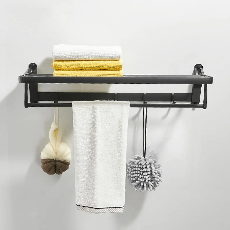 

Space Aluminum Bathroom Black Towel Rack Wall Mounted Folding Storage Towel Hanger Bathroom Shelf Hook Bathroom Hardware