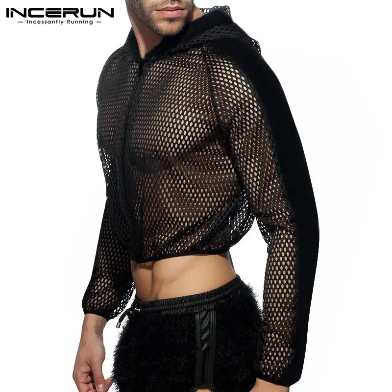 INCERUN 2024 Men Mesh Crop Tops Hooded Solid Color See Through Sexy Casual T Shirt Workout Outerwear Zipper Streetwear Camisetas