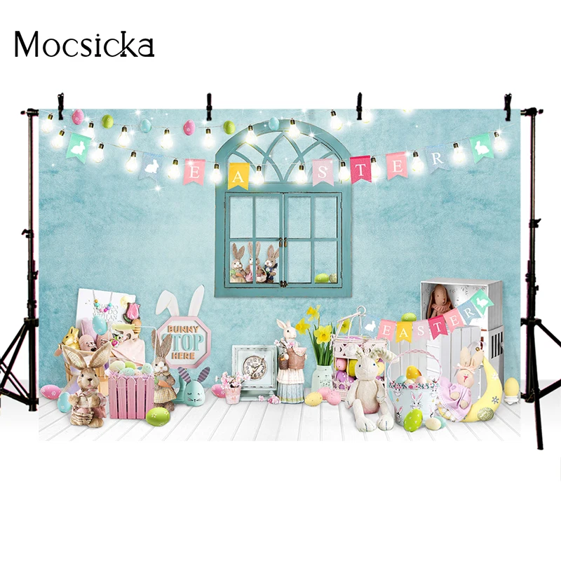 Mocsicka Easter Photography Background Light Bulb Bunny Window Decoration Studio Props Child Portrait Photo Backdrop Banner