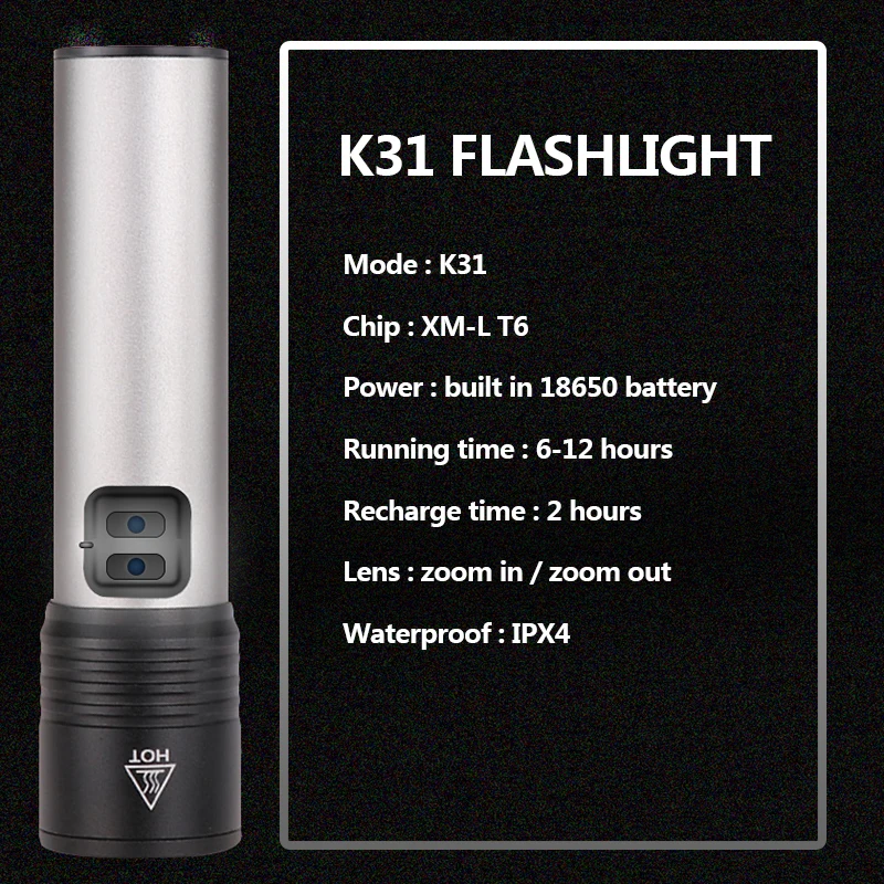 XM-L T6 USB Rechargeable LED Flashlight Camping Light Zoomable Torch Lithium Battery Waterproof with Built-in 1200mah LED Bulbs