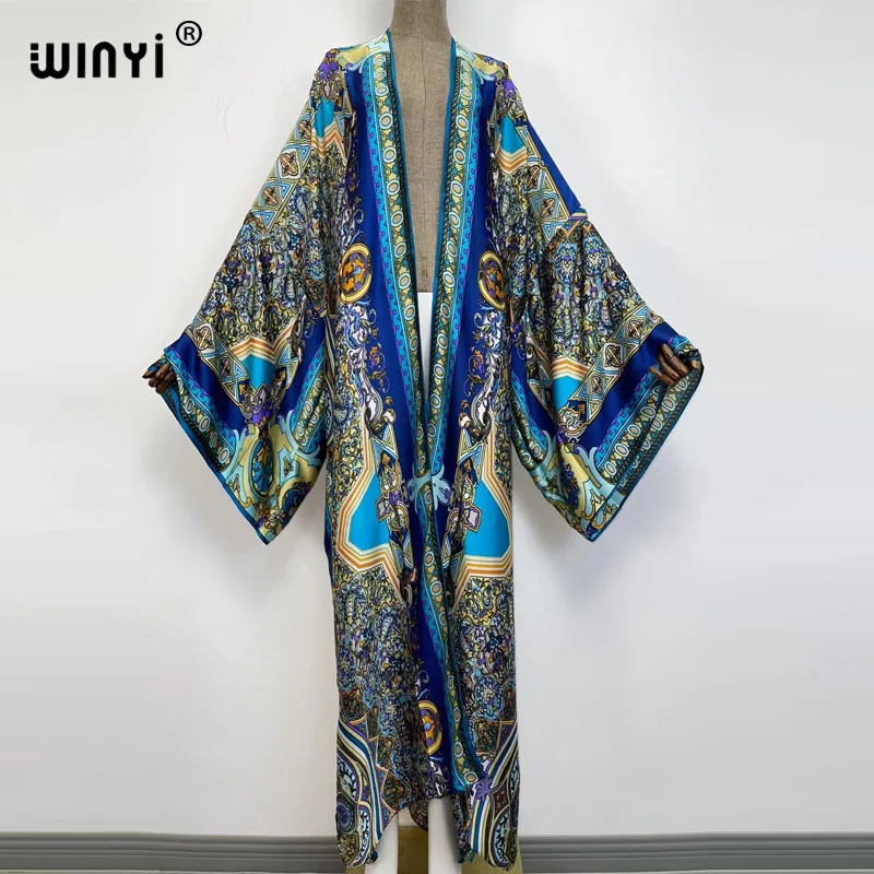 WINYI holiday Oversized Beach Kimono With Sashes Bohemian Vintage Slim Sexy Long Cardigan Women Sleeve sukienka Fringe Cover-Up